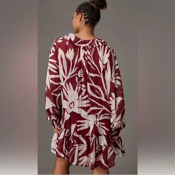 Anthropologie Marais Chiffon Mini Dress w/ ruffled skirt. Maroon, white. L-XL - Picture 4 of 15